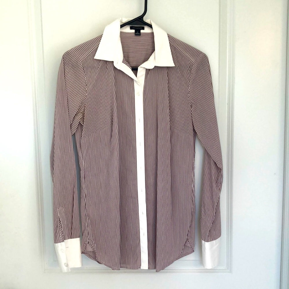 Ann Taylor Maroon & White Striped Long Sleeve button up size 2